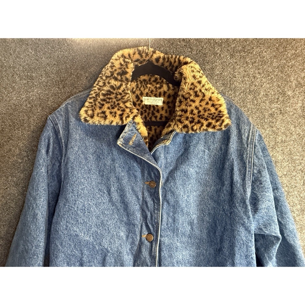 VINTAGE 70s Denim Jacket Lew Magram Cheetah Print Faux Fur Trim Collared Size L - Picture 4 of 8